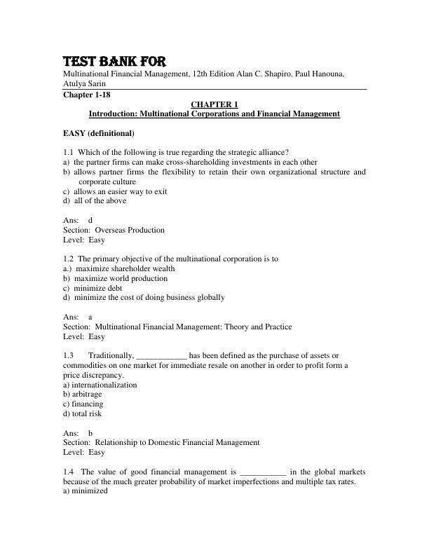 Test Bank for Multinational Financial Management, 12th Edition by Alan C. Shapiro, Paul Hanouna, Atulya Sarin Chapter 1-18