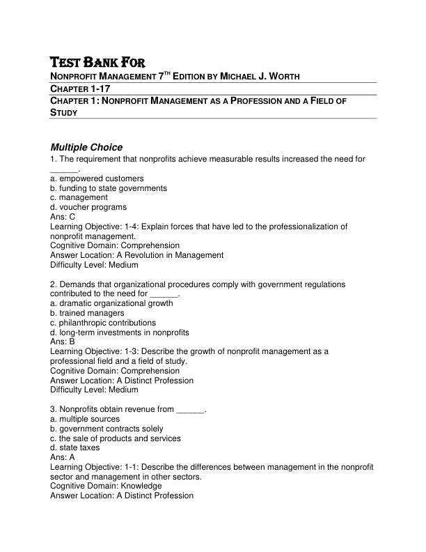 Test Bank For Nonprofit Management 7th Edition by Michael J. Worth Chapter 1-17