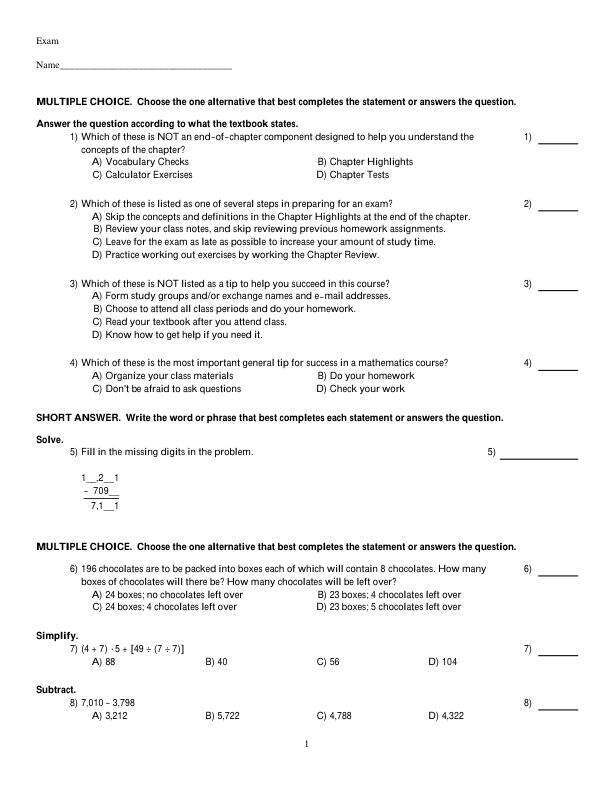 Test Bank For Prealgebra, 9th Edition by Elayn Martin-Gay Chapter 1-10