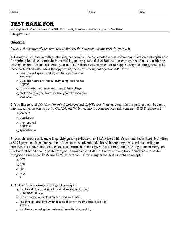 Test Bank For Principles of Macroeconomics 2nd Edition by Betsey Stevenson; Justin Wolfers Chapter 1-23
