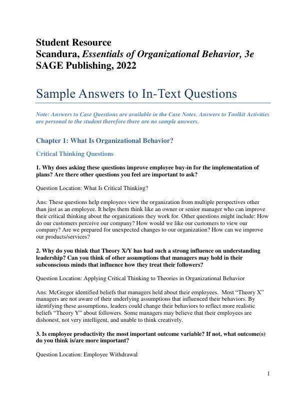 Ans to Que for For Essentials of Organizational Behavior, Third Edition Scandura