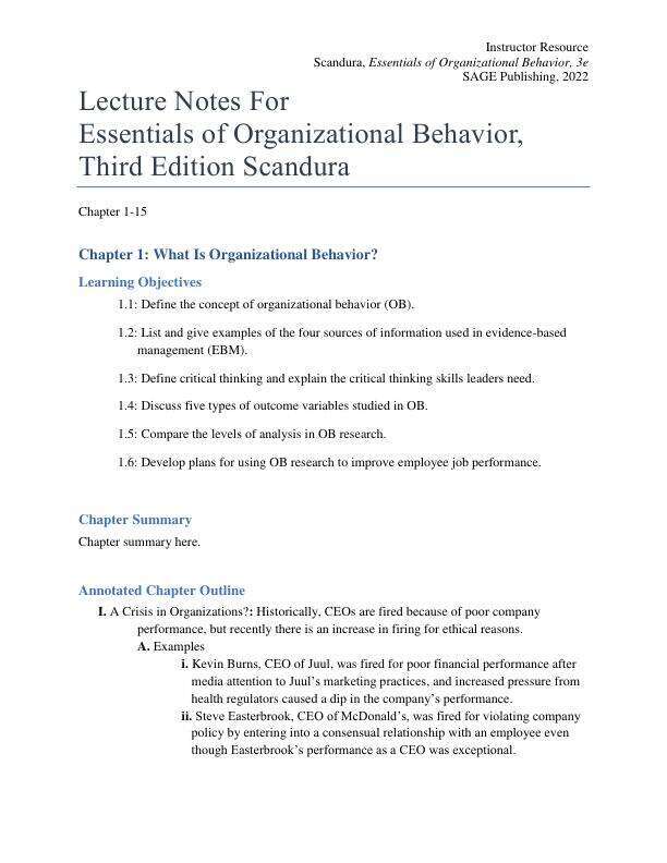 Lecture Notes For Essentials of Organizational Behavior, Third Edition Scandura