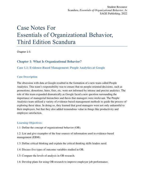 Case Notes For Essentials of Organizational Behavior, Third Edition Scandura