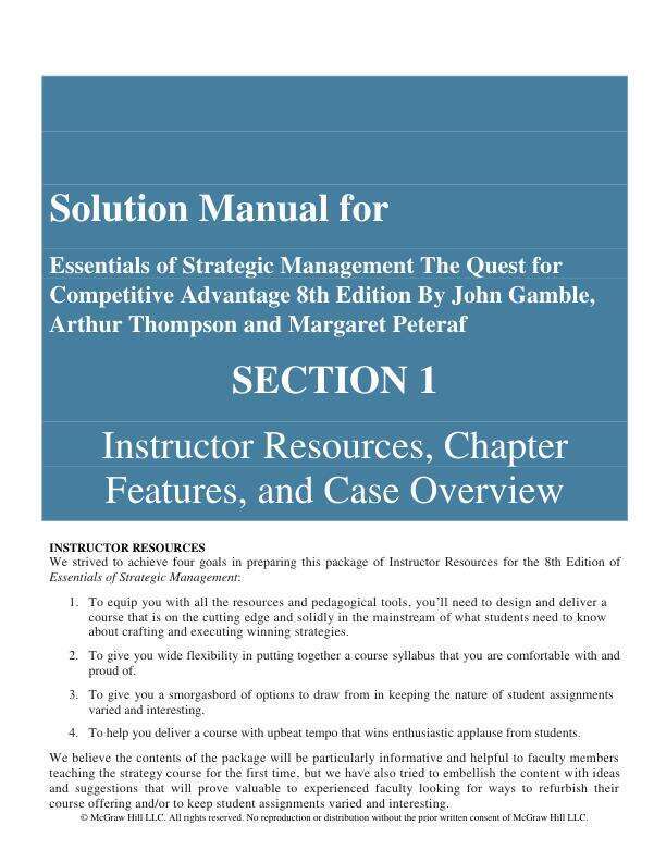 Solution Manual for Essentials of Strategic Management The Quest for Competitive Advantage 8th Edition By John Gamble, Arthur Thompson and Margaret Peteraf