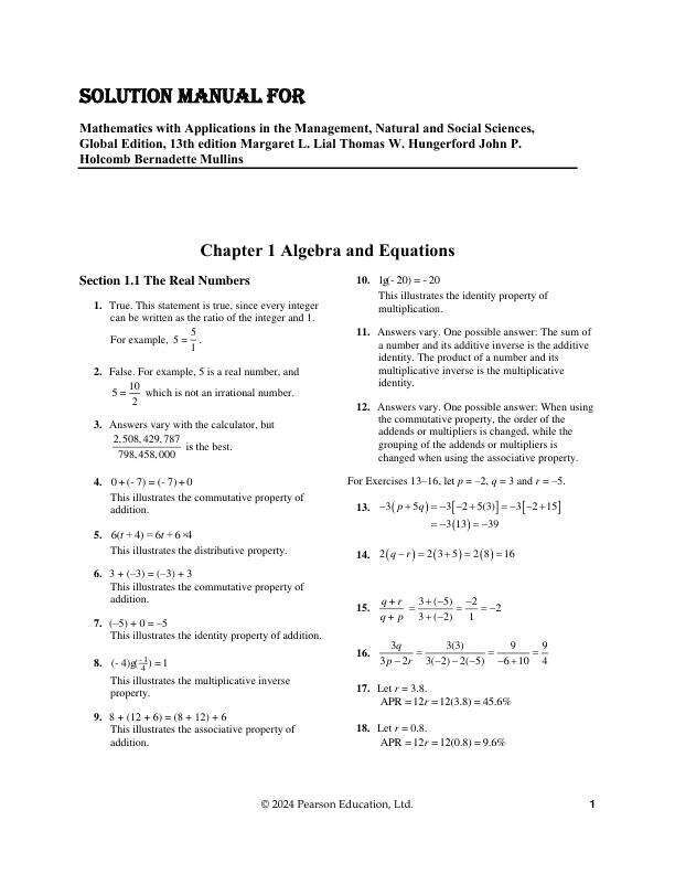 Solution Manual for Mathematics with Applications in the Management, Natural and Social Sciences, Global Edition, 13th edition Margaret L. Lial Thomas W. Hungerford John P. Holcomb Bernadette Mullins