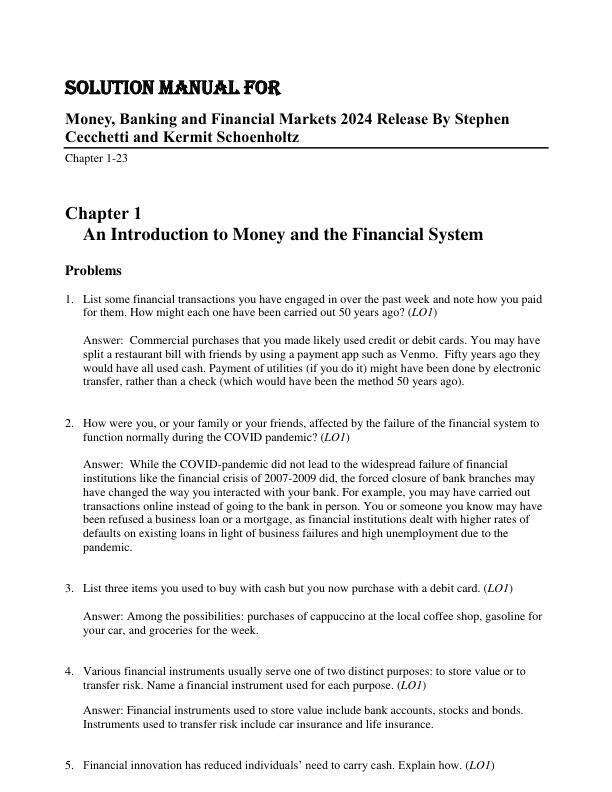 Solution Manual for Money, Banking and Financial Markets 2024 Release By Stephen Cecchetti and Kermit Schoenholtz
