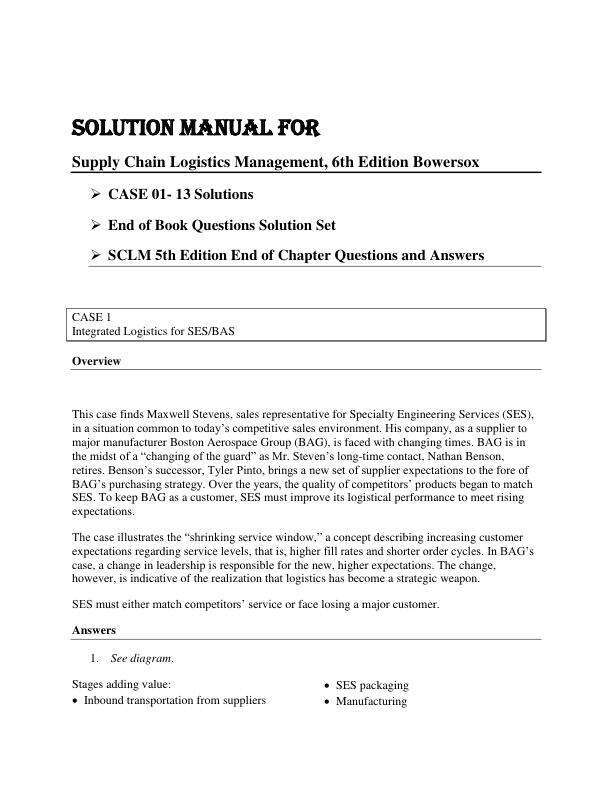 Solution Manual for Supply Chain Logistics Management, 6th Edition by Bowersox