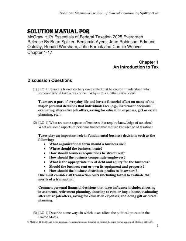 Solution Manual for McGraw Hill's Essentials of Federal Taxation 2025 Evergreen Release By Brian Spilker, Benjamin Ayers, John Robinson, Edmund Outslay, Ronald Worsham, John Barrick and