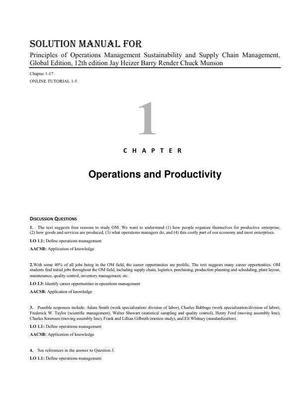 Solution Manual for Principles of Operations Management Sustainability and Supply Chain Management, Global Edition, 12th edition Jay Heizer Barry Render Chuck Munson