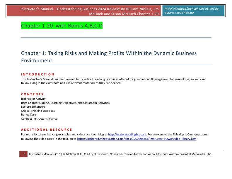 Solution Manual for Understanding Business 2024 Release By William Nickels, Jim McHugh and Susan McHugh Chapter 1-20