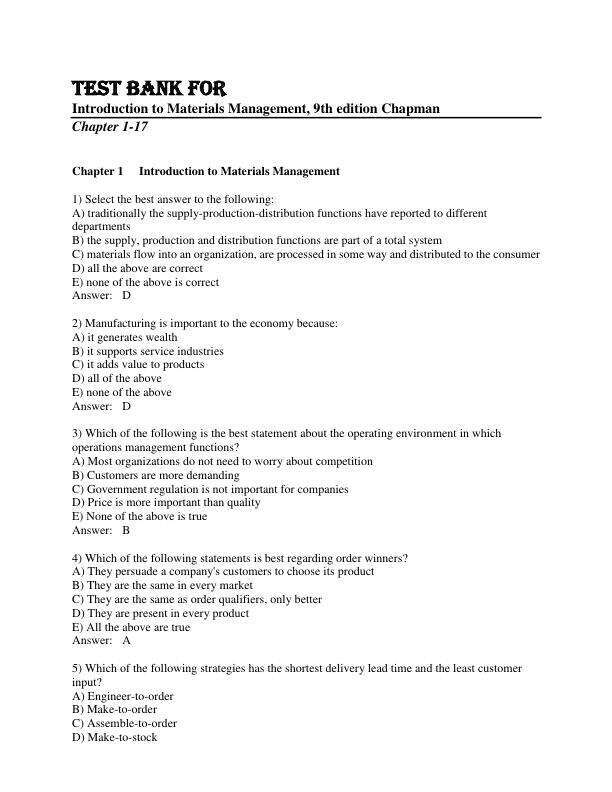 Test Bank for Introduction to Materials Management, 9th Edition by Stephen N. Chapman