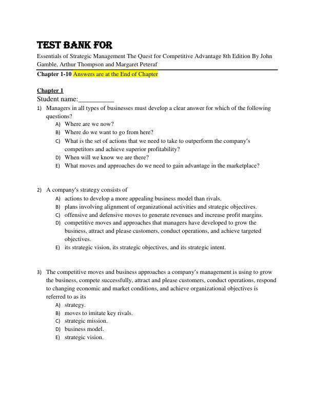Test Bank For Essentials of Strategic Management The Quest for Competitive Advantage 8th Edition By John Gamble, Arthur Thompson and Margaret Peteraf