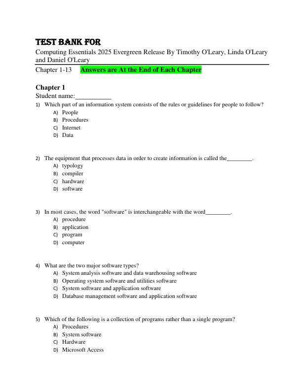 Test Bank For Computing Essentials 2025 Evergreen Release By Timothy O'Leary, Linda O'Leary and Daniel O'Leary Chapter 1-13