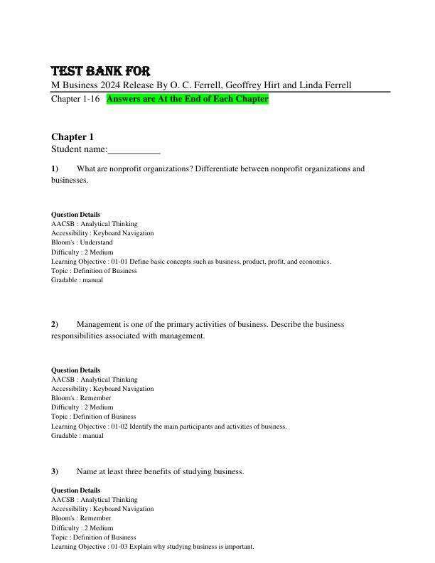 Test Bank For M Business 2024 Release By O. C. Ferrell, Geoffrey Hirt and Linda Ferrell Chapter 1-16