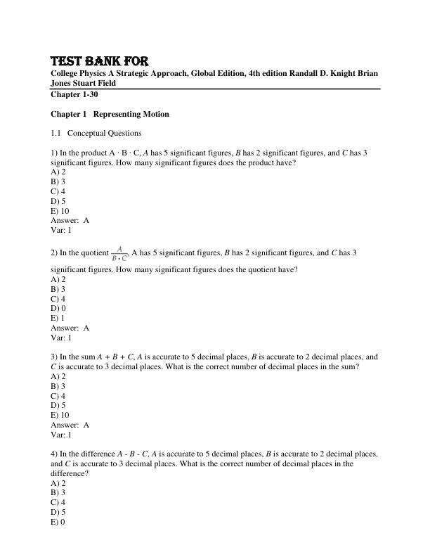 Test Bank For College Physics A Strategic Approach, Global Edition, 4th edition Randall D. Knight Brian Jones Stuart Field