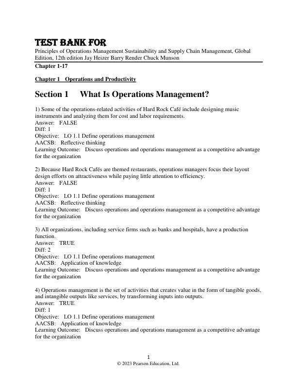 Test Bank for Principles of Operations Management Sustainability and Supply Chain Management, Global Edition, 12th edition Jay Heizer Barry Render Chuck Munson Chapter 1-17
