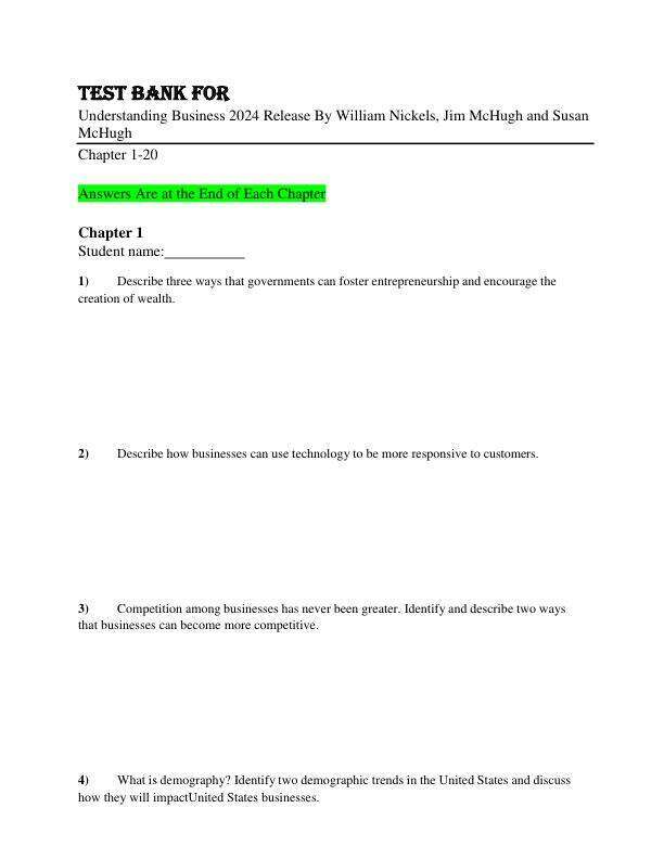 Test Bank for Understanding Business 2024 Release By William Nickels, Jim McHugh and Susan McHugh Chapter 1-20