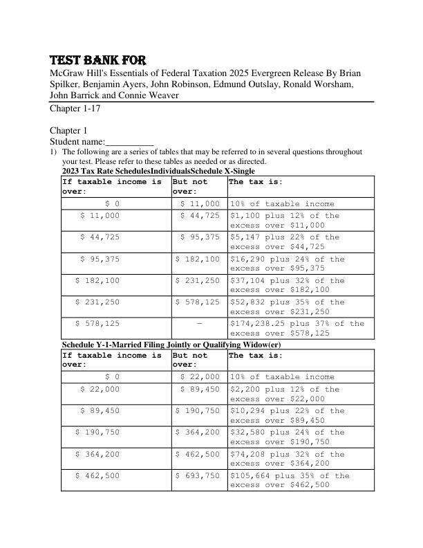 Test Bank McGraw Hill's Essentials of Federal Taxation 2025 Evergreen Release By Brian Spilker, Benjamin Ayers, John Robinson, Edmund Outslay, Ronald Worsham, John Barrick and Connie Weaver