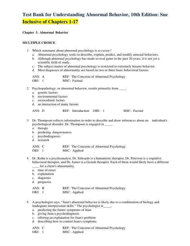 Latest 2023 Understanding Abnormal Behavior 10th Edition Sue Test bank  All Chapters