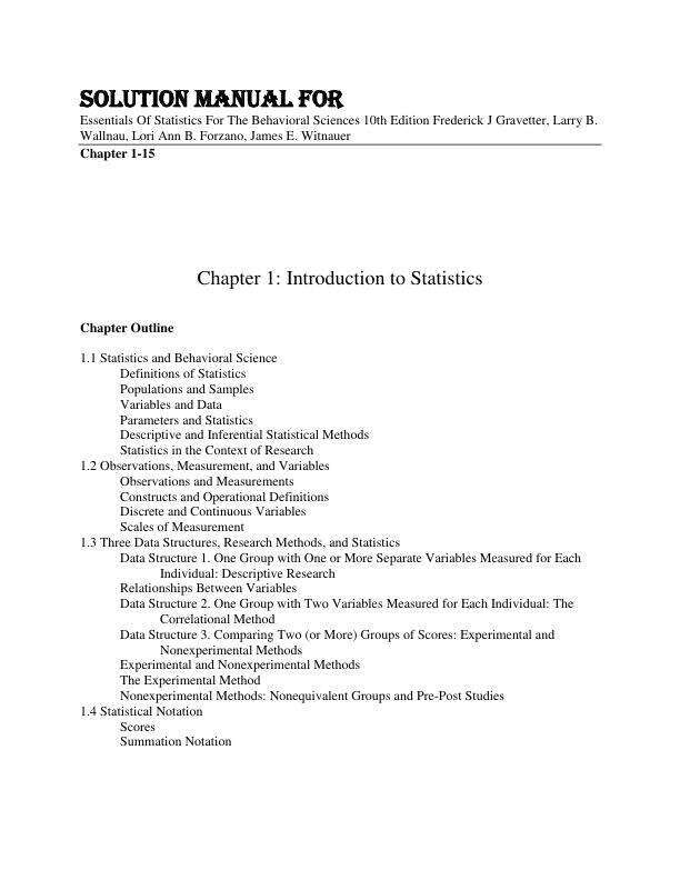 lnstructor Manual For Solution Manual for Essentials Of Statistics For The Behavioral Sciences 10th Edition Frederick J Gravetter, Larry B. Wallnau, Lori Ann B. Forzano, James E. Wi