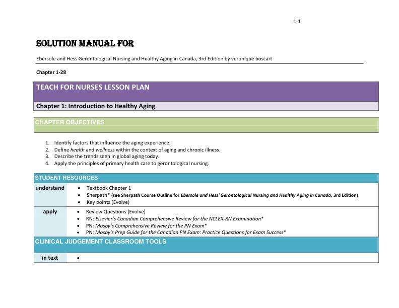 Solution Manual for Ebersole and Hess Gerontological Nursing and Healthy Aging in Canada, 3rd Edition by veronique boscart Chapter 1-28
