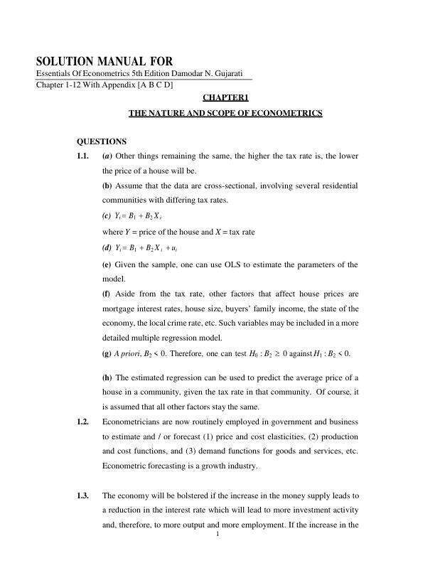 Solution Manual for Essentials Of Econometrics 5th Edition Damodar N. Gujarati