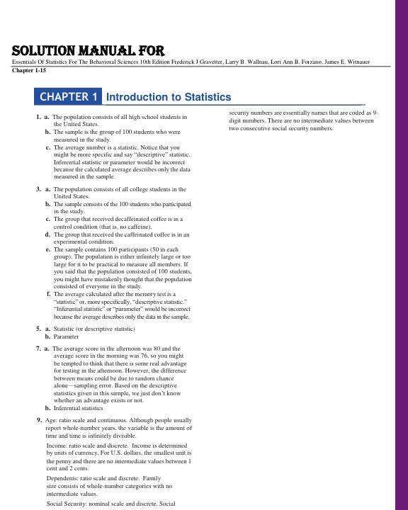 Solution Manual for Essentials Of Statistics For The Behavioral Sciences 10th Edition Frederick J Gravetter, Larry B. Wallnau, Lori Ann B. Forzano, James E. Witnauer