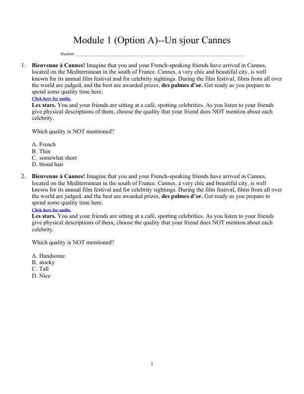 Test Bank Part A Motifs An Introduction to French, 6th Edition Chapter 1-15