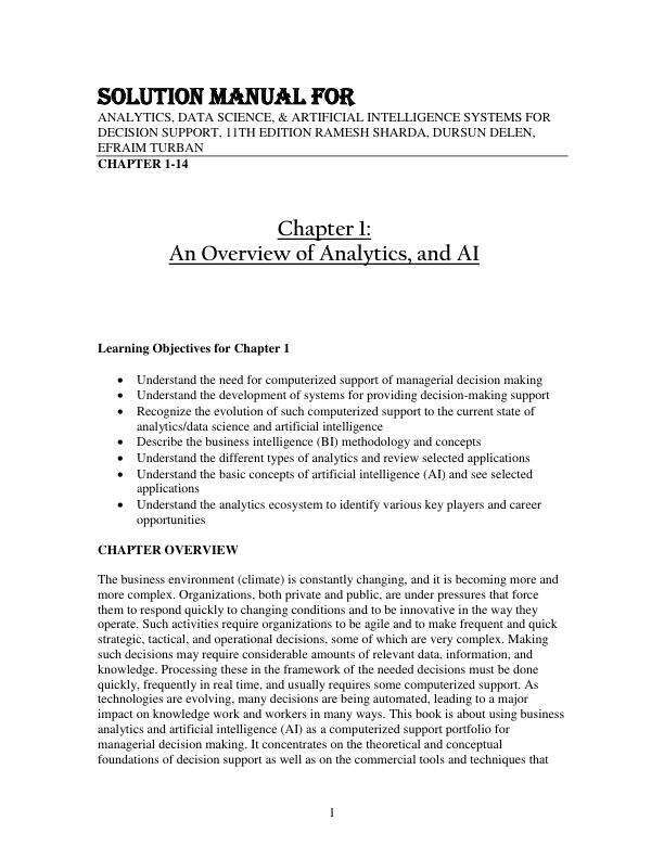 Solution Manual For Analytics, Data Science, & Artificial Intelligence Systems for Decision Support, 11th Edition by Ramesh Sharda, Dursun Delen, Efraim Turban Chapter 1-14