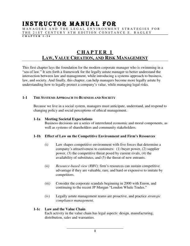 Instructor Manual For Managers and the Legal Environment Strategies for the 21st Century 8th Edition by Constance E. Bagley Chapter 1-24