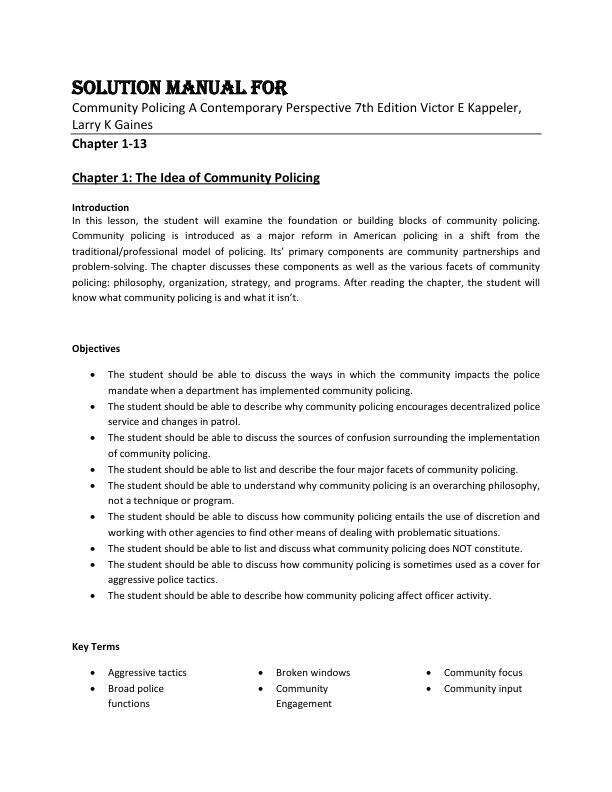 Solution Manual For Community Policing A Contemporary Perspective 7th Edition by Victor E Kappeler, Larry K Gaines Chapter 1-13