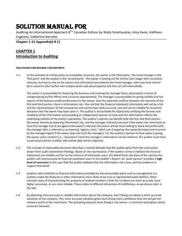 Solution Manual For Auditing An International Approach 8th Canadian Edition by Wally Smieliauskas, Amy Kwan, Kathleen Cogliano, Catherine Barrette Chapter 1-21