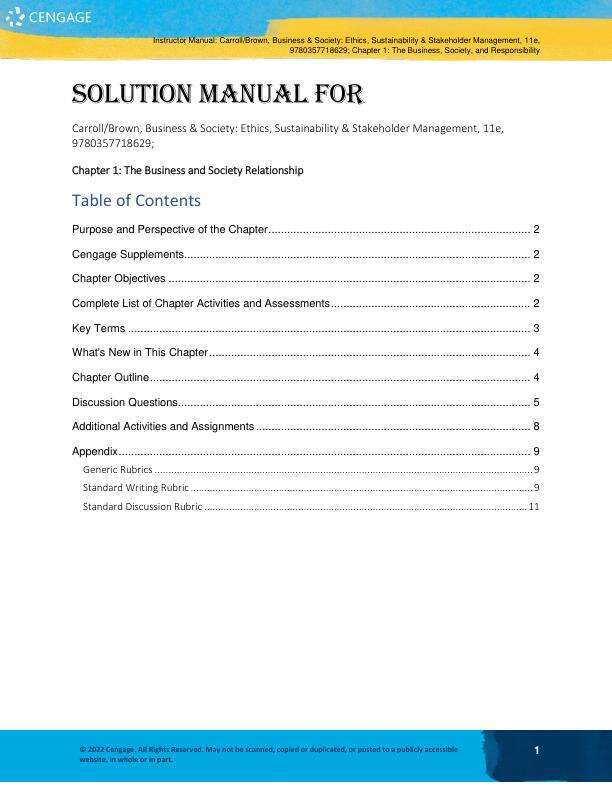 Solution Manual For Business & Society Ethics, Sustainability & Stakeholder Management 11th Edition by Archie B. Carroll, Jill Brown, Ann K. Buchholtz
