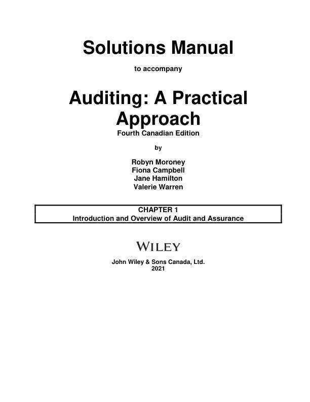 Solution Manual For Auditing A Practical Approach 4th Edition by Robyn Moroney, Fiona Campbell, Jane Hamilton Chapter 1-14