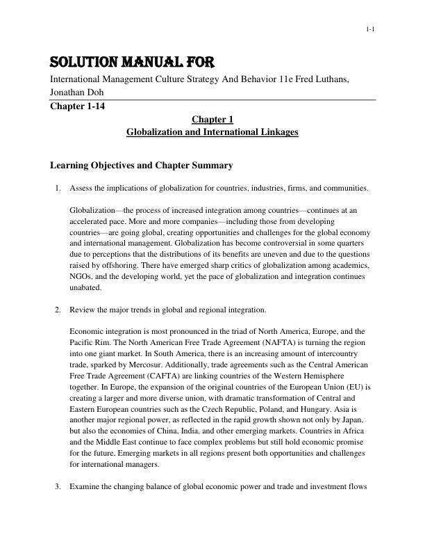 Solution Manual For International Management Culture Strategy And Behavior 11th Edition by Fred Luthans, Jonathan Doh Chapter 1-14