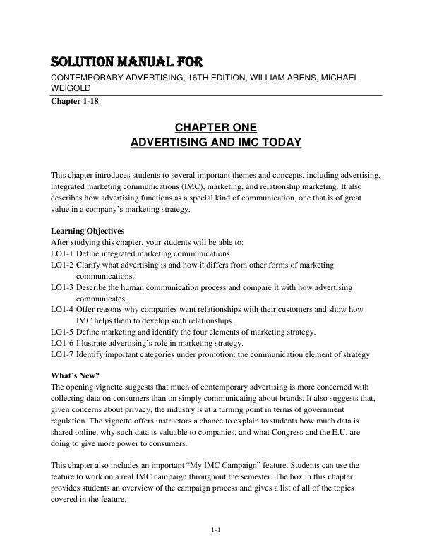 Solution Manual FOR Contemporary Advertising, 16th Edition by William Arens, Michael Weigold Chapter 1-18