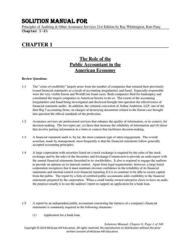 Solution Manual For Principles of Auditing & Other Assurance Services 21st Edition by Ray Whittington (Author), Kurt Pany Chapter 1-21