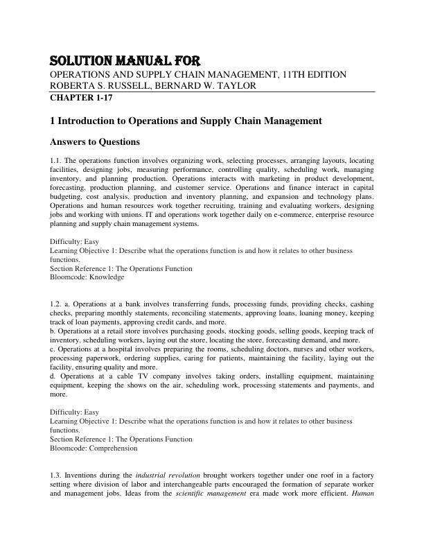 Solution Manual For Operations and Supply Chain Management, 11th Edition by Roberta S. Russell, Bernard W. Taylor Chapter 1-17
