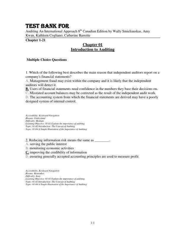 Test Bank For Auditing An International Approach 8th Canadian Edition by Wally Smieliauskas, Amy Kwan, Kathleen Cogliano, Catherine Barrette Chapter 1-21