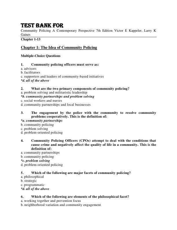 Test Bank For Community Policing A Contemporary Perspective 7th Edition by Victor E Kappeler, Larry K Gaines Chapter 1-13