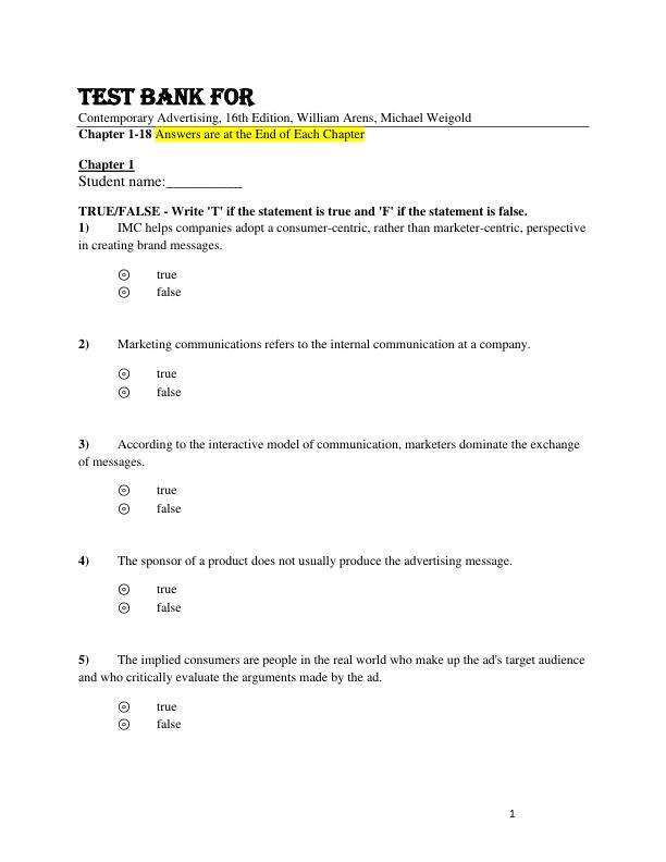Test Bank For Contemporary Advertising, 16th Edition by William Arens, Michael Weigold Chapter 1-18