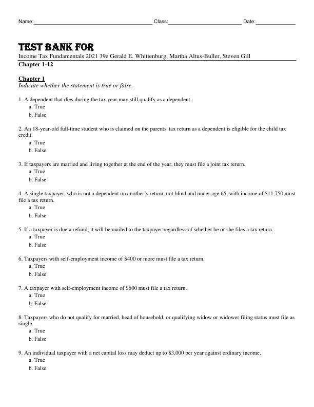 Test Bank For Income Tax Fundamentals 2021 39th Edition by Gerald E. Whittenburg, Martha Altus-Buller, Steven Gill Chapter 1-12