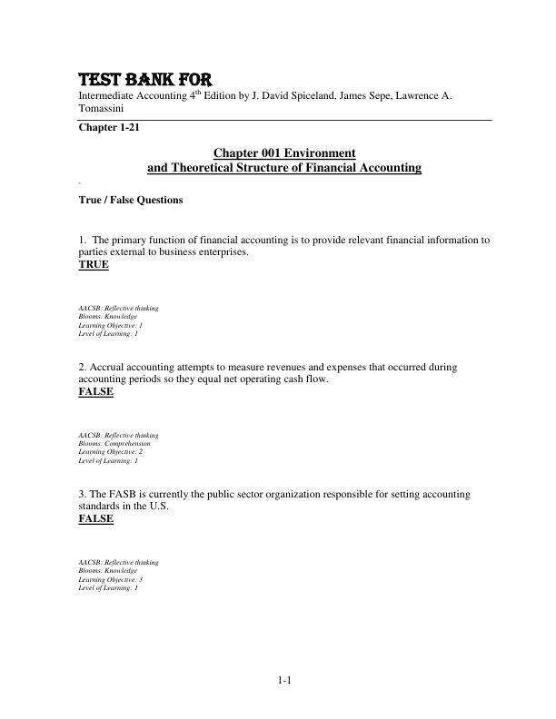 Test Bank For Intermediate Accounting 4th Edition by J. David Spiceland, James Sepe, Lawrence A. Tomassini Chapter  1-21