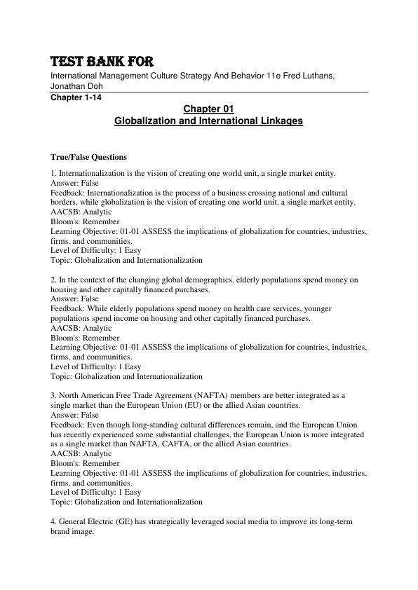Test Bank For International Management Culture Strategy And Behavior 11th Edition by Fred Luthans, Jonathan Doh Chapter 1-14