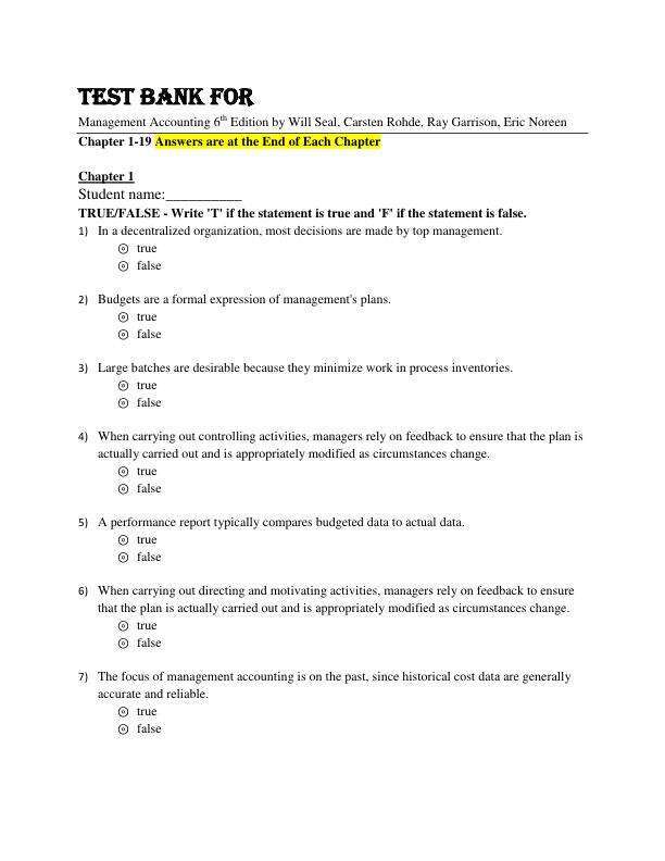 Test Bank For Management Accounting 6th Edition by Will Seal, Carsten Rohde, Ray Garrison, Eric Noreen Chapter 1-19