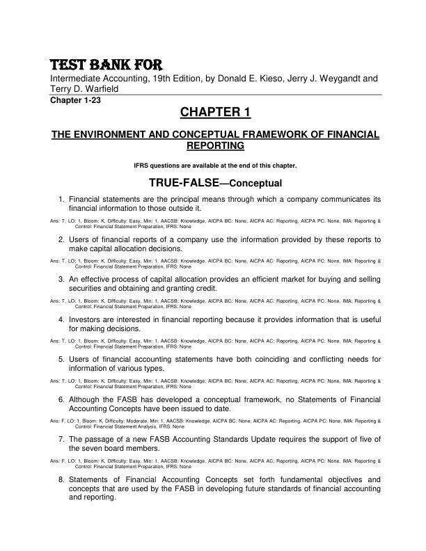 Test Bank For Intermediate Accounting, 19th Edition by Donald E. Kieso, Jerry J. Weygandt and Terry D. Warfield Chapter 1-23