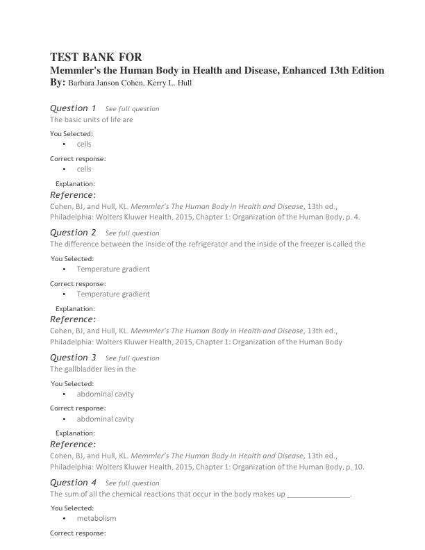 Test Bank for Memmler's the Human Body in Health and Disease, Enhanced Edition 13th Edition By Barbara Janson Cohen, Kerry L. Hull Chapter 1-25