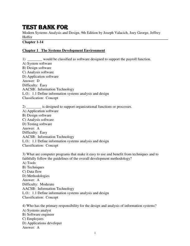 Test Bank For Modern Systems Analysis and Design, 9th Edition by Joseph Valacich, Joey George, Jeffrey Hoffer Chapter 1-14