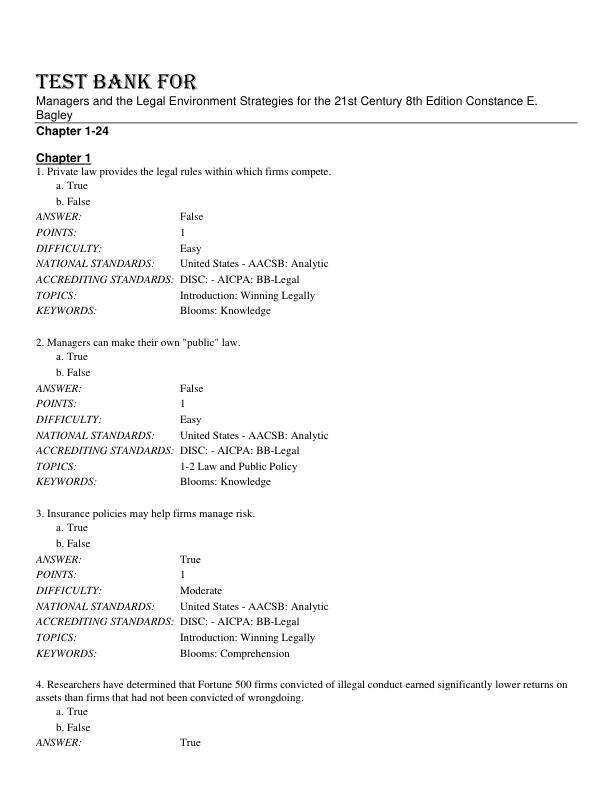 Test Bank For Managers and the Legal Environment Strategies for the 21st Century 8th Edition by Constance E. Bagley Chapter 1-24