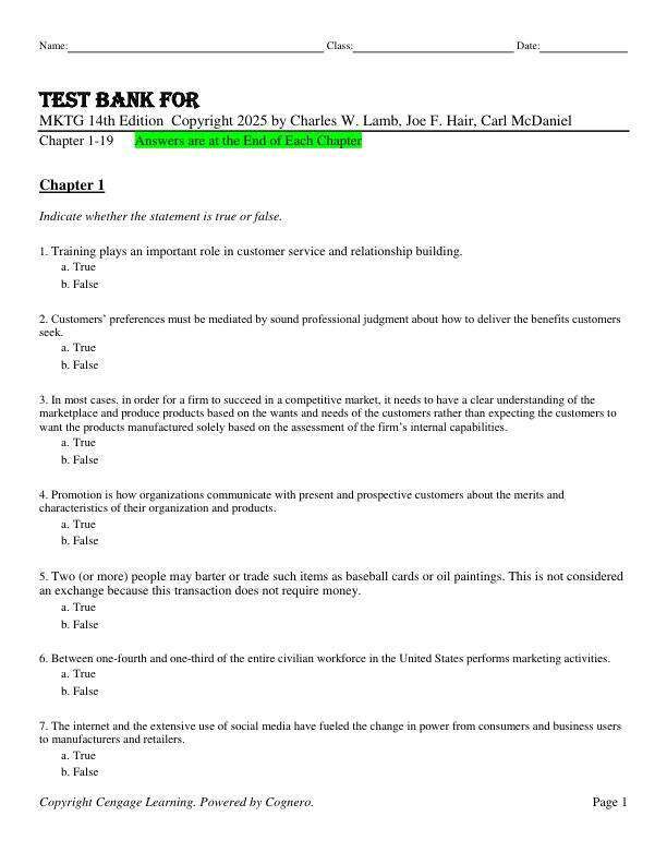 Test Bank for MKTG 14th Edition  Copyright 2025 by Charles W. Lamb, Joe F. Hair, Carl McDaniel